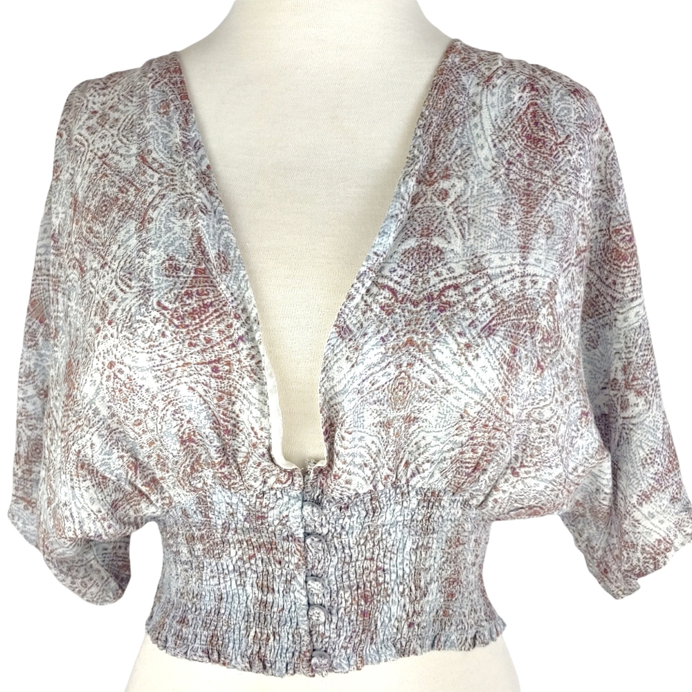 Women's Smocked Hem Crop Top Dolman  Sleeve Size Small Paisley Print Cream Brown